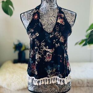 Floral Fringe Tassel Hem T-Strap Halter Top